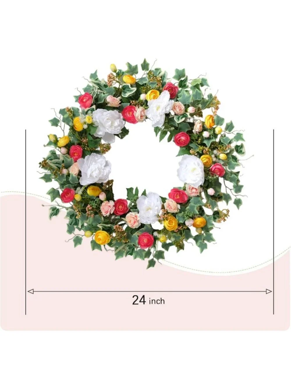 24-Inch Summer Floral Wreath - Artificial Peony & Rose, Colorful Green Leaves